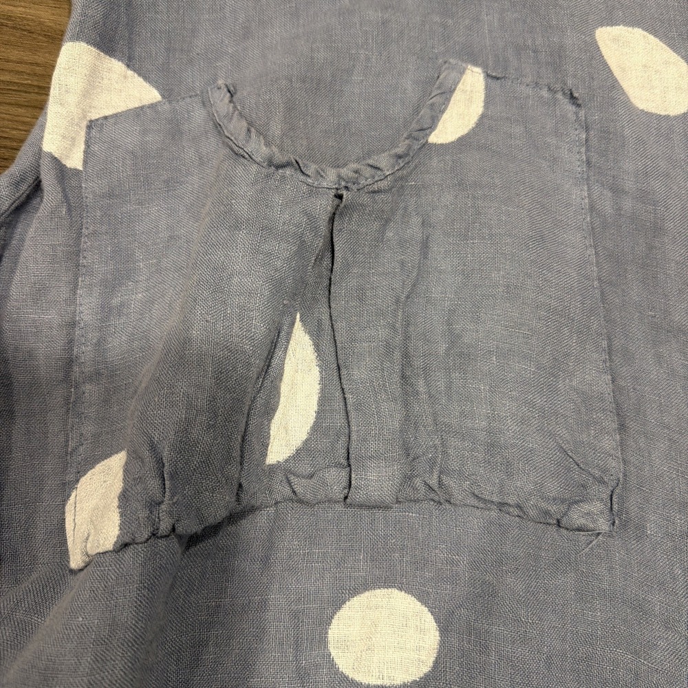 Made In Italy 100% Linen Blue Polka Dot Tunic Top Blouse Lagenlook Boho Artsy - Picture 3 of 9